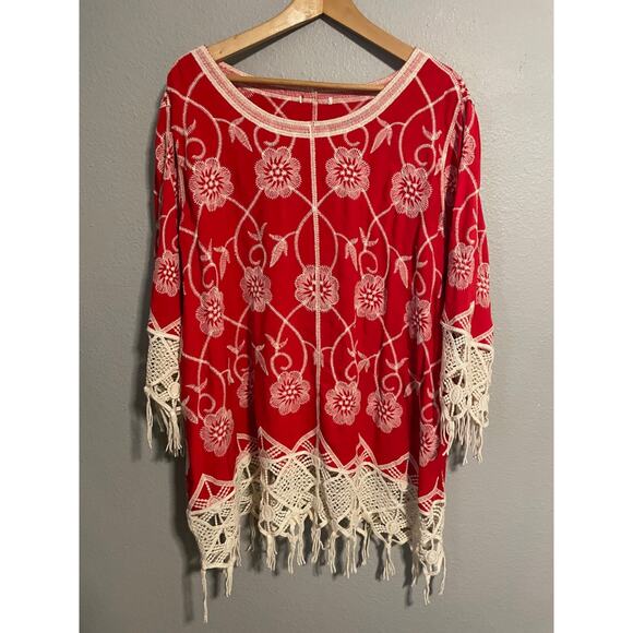 Womens Tunic Large Red Rayon Floral Embroidered Crochet Fringe Trim Boho READ - Picture 1 of 8